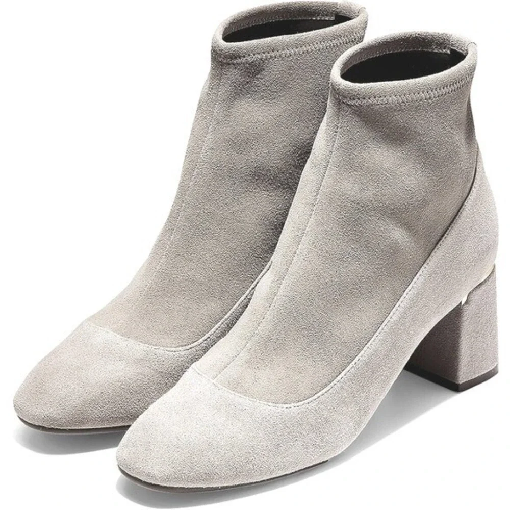 Cole Haan Suede Sock Ankle Boots Grey Block Heel Gold Detail  WMS7.5B